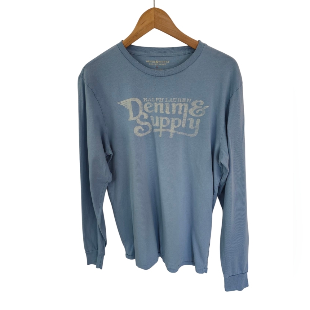Ralph Lauren Denim & Supply Long Sleeve Graphic Tshirt Light Blue Size Large